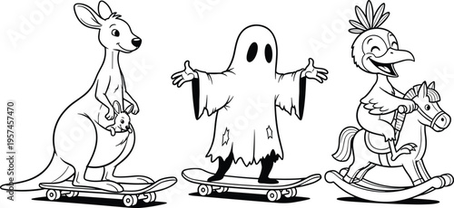 Cartoon animals and ghost riding skateboards