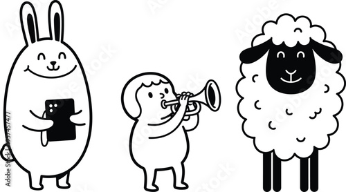 A cartoon rabbit a child playing a trumpet and a sheep standing together
