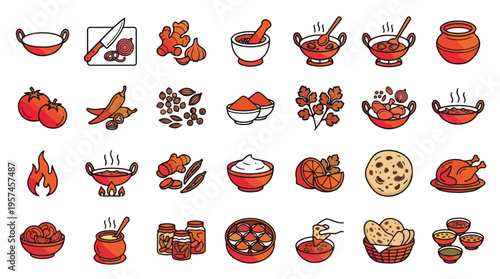 Indian Cooking Icon Set in Gradient Line Style. A collection of culinary linear icons, including curry, spices, kadai, ginger, garlic, chili, tomato, naan, mortar, pestle, chicken, dal
