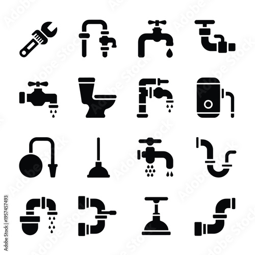 Collection of black plumbing fixtures and sanitary ware icons displayed neatly