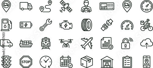 Fleet vehicle monitoring outline icon set featuring GPS tracking logistics telematics transport interface symbols for mobility management systems