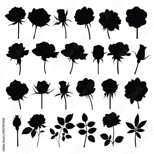 A collection of black silhouette icons featuring various rose flowers and foliage in different states