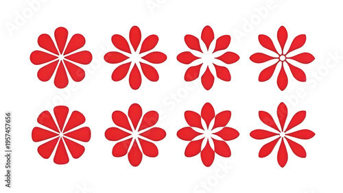 A collection of eight vibrant red stylized flower icons arranged in two rows on a white background