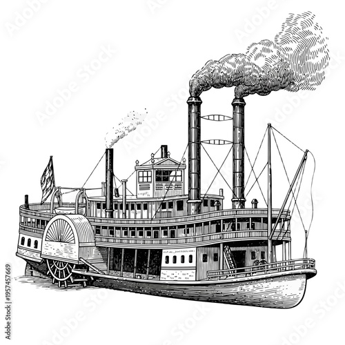 Vintage steamboat paddlewheel riverboat vector illustration