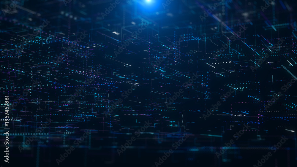 Fototapeta premium Futuristic Blue Virtual Data Room with Glowing Interface Panels and Abstract Digital Grid Architecture in 3D Perspective data processing illustration background.