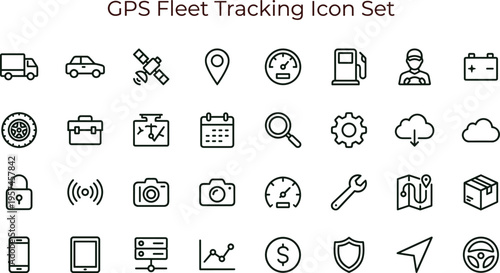 GPS fleet tracking outline icon set featuring vehicle monitoring navigation logistics interface symbols for transport management systems