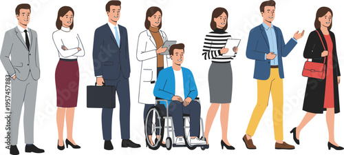 Comprehensive set of diverse professional men and women including a person in a wheelchair, a doctor, and business executives in flat vector style.