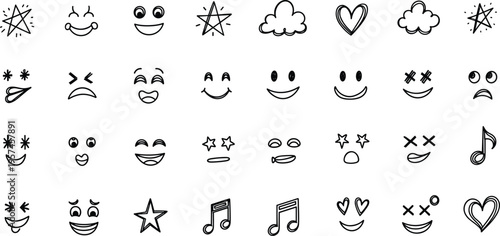 A collection of 30 emoticon faces and symbols in black and white