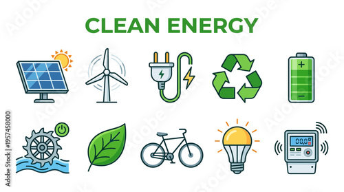 Ten colorful icons illustrating various aspects of clean energy and sustainability on a white background