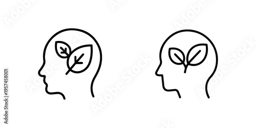 Two profile heads with leaves inside symbolizing natural thought, environmental awareness, eco friendly ideas, and green mindset