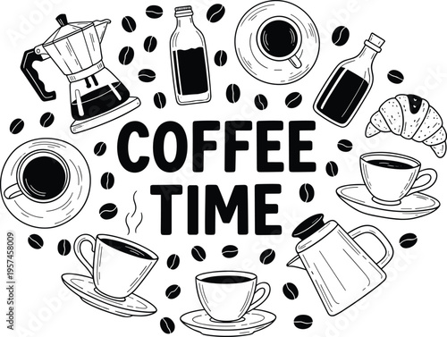 Coffee time illustration with various coffee cups and beans