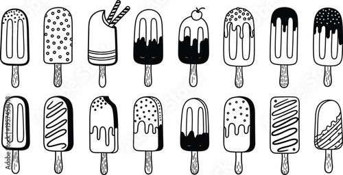 Variety of ice cream popsicles with different toppings and patterns