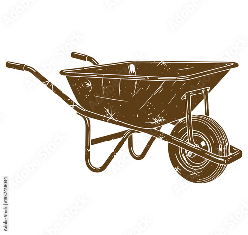 Brown wheelbarrow with one wheel and handles on white background