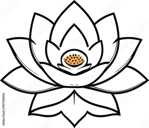 Lotus flower symmetrical top view, flat vector illustration, bold black outline, clean minimal shapes, white background