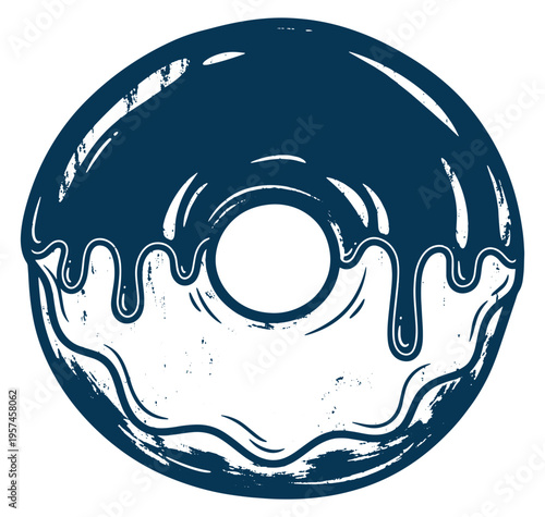 Chocolate glazed donut with icing drips on half a doughnut