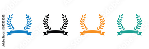 Laurel Wreath Icons Award Victory Badge Ribbon Achievement Success Honor Emblem Classic Symbol Editable Stroke Vector Illustration Collection Isolated