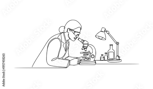 Elegant continuous line female scientist microscope vector science research illustration isolated on white background