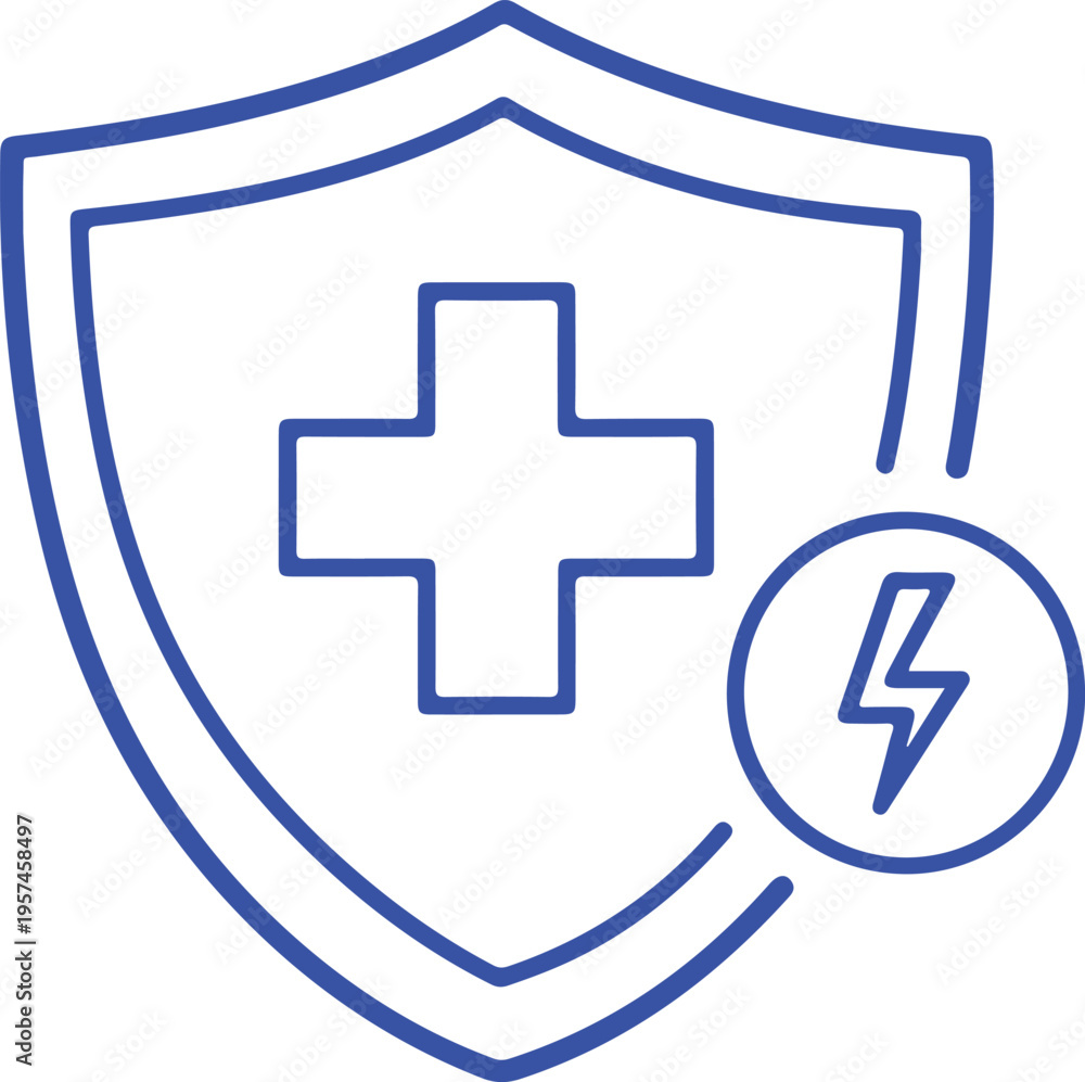 Obraz premium A blue outline icon showing a medical shield with a lightning bolt symbol for health protection isolated on transparent background, isolated on white background, Vector