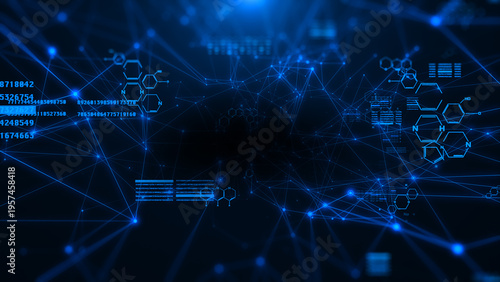 Abstract Technology Chemical Molecule Symbols System Monitoring Display. Network Line Connection Digital Data Copy Space Illustration Background.