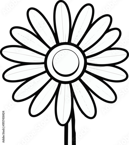 Daisy flower with round center and evenly spaced petals, flat vector illustration, bold thick black outline, minimal line art, white background 1