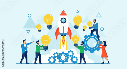 Business team launching rocket with lightbulbs and gears.