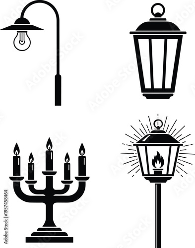 Vintage lamp and lantern icon set vector, street light, candle holder and decorative lighting silhouettes, classic illumination elements, black isolated design collection