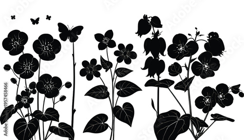 A black and white graphic illustration featuring various blooming floral stems and small butterflies