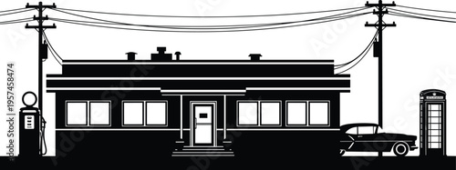 Vintage roadside diner vector illustration, retro restaurant building with gas pump classic car and telephone booth silhouette for nostalgic urban street scene design