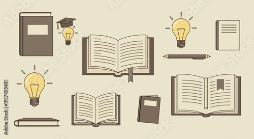 Education and Knowledge Concept: Books, Lightbulbs, Graduation Cap, Pencil