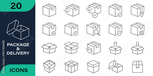 delivery icon set Contains Open Box, Package Return, Wooden Crate Carton, product Packaging boxes Icons. Priority Shipping, Express, Delivery, Tracking Door, editable stroke isolated on white linear