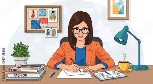 Fashion designer working at desk with inspiration board and coffee