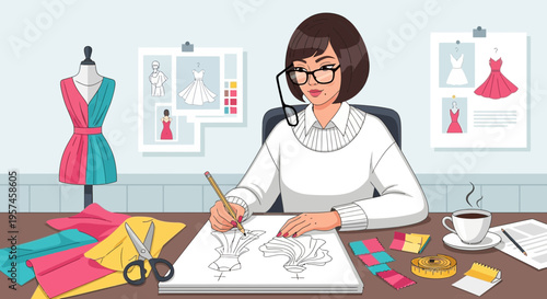 Fashion Designer Working at Desk with Sketches, Mannequin, and Fabric Swatches