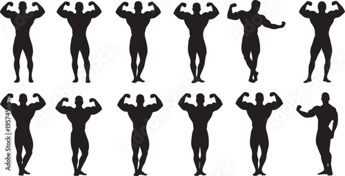 A collection of various muscular male figures depicted in black showcasing different poses and physiques silhouette high quality professional detailed modern elegant stylish clean crisp vibrant