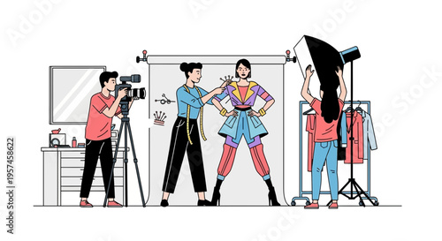 Fashion photoshoot in studio: photographer, stylist, model, and designer collaborate