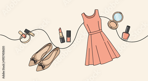 Fashionable Outfit Flat Lay: Dress, Shoes, and Makeup Essentials