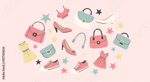 Fashionable Accessories Collection: Dresses, Handbags, Shoes, Sneakers, Stars on Pink Background