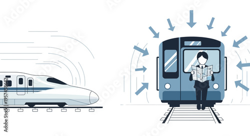 Fast train and commuter train with passenger reading newspaper, speed and transport concept
