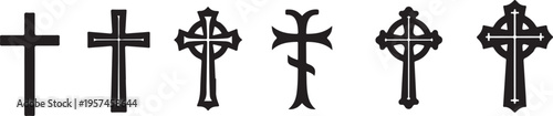A collection of six distinct black christian crosses are displayed in a row forming a striking silhouette high quality professional detailed modern elegant stylish clean crisp
