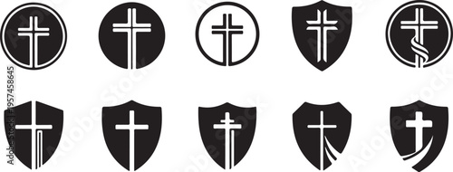 A collection of black circular and shield shaped emblems featuring prominent crosses presented as a silhouette high quality professional detailed modern elegant stylish clean crisp vibrant