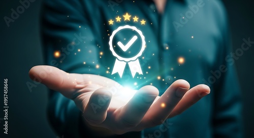 A glowing checkmark icon on a person's hand with a starry background