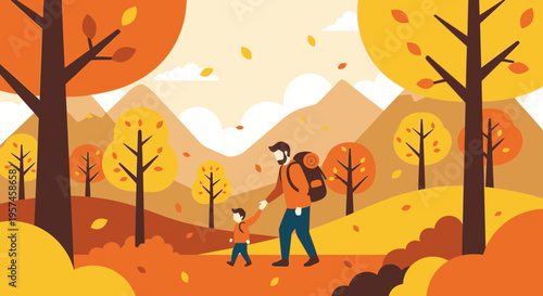 Father and Son Hiking in Autumn Forest, Fall Season Family Outdoor Adventure