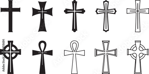 A collection of diverse christian crosses are displayed in black against a white background showcasing religious symbolism silhouette high quality professional detailed modern elegant stylish clean