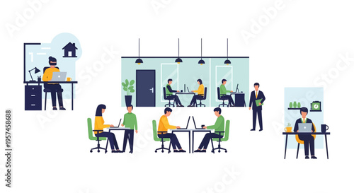 Hybrid Work Model: Professionals Working Remotely and Collaborating in Modern Office Environments