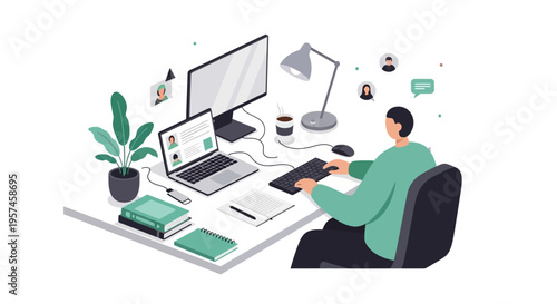 Isometric Illustration of Person Working Remotely at Home Office, Engaged in Online Collaboration and Digital Productivity