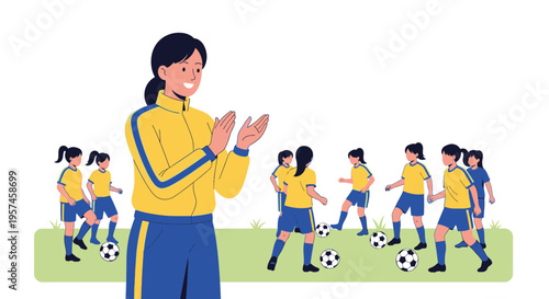 Female coach applauds young soccer players during practice on green field