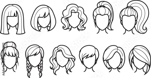 A collection of various female hairstyles displayed in black and white line art presented as a striking silhouette high quality professional detailed modern elegant stylish clean