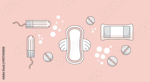 Feminine hygiene products: pads, tampons, and pills on pink background