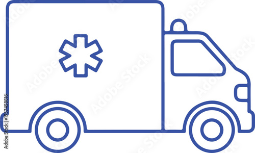 A blue outline icon of an ambulance vehicle featuring the star of life symbol on the side panel isolated on transparent background, isolated on white background, Vector