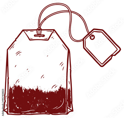 hand drawn tea bag with string and label on white background