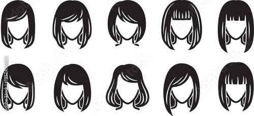 A collection of nine black silhouettes depicting various women s hairstyles showcasing different lengths and bangs silhouette high quality professional detailed modern elegant stylish clean crisp